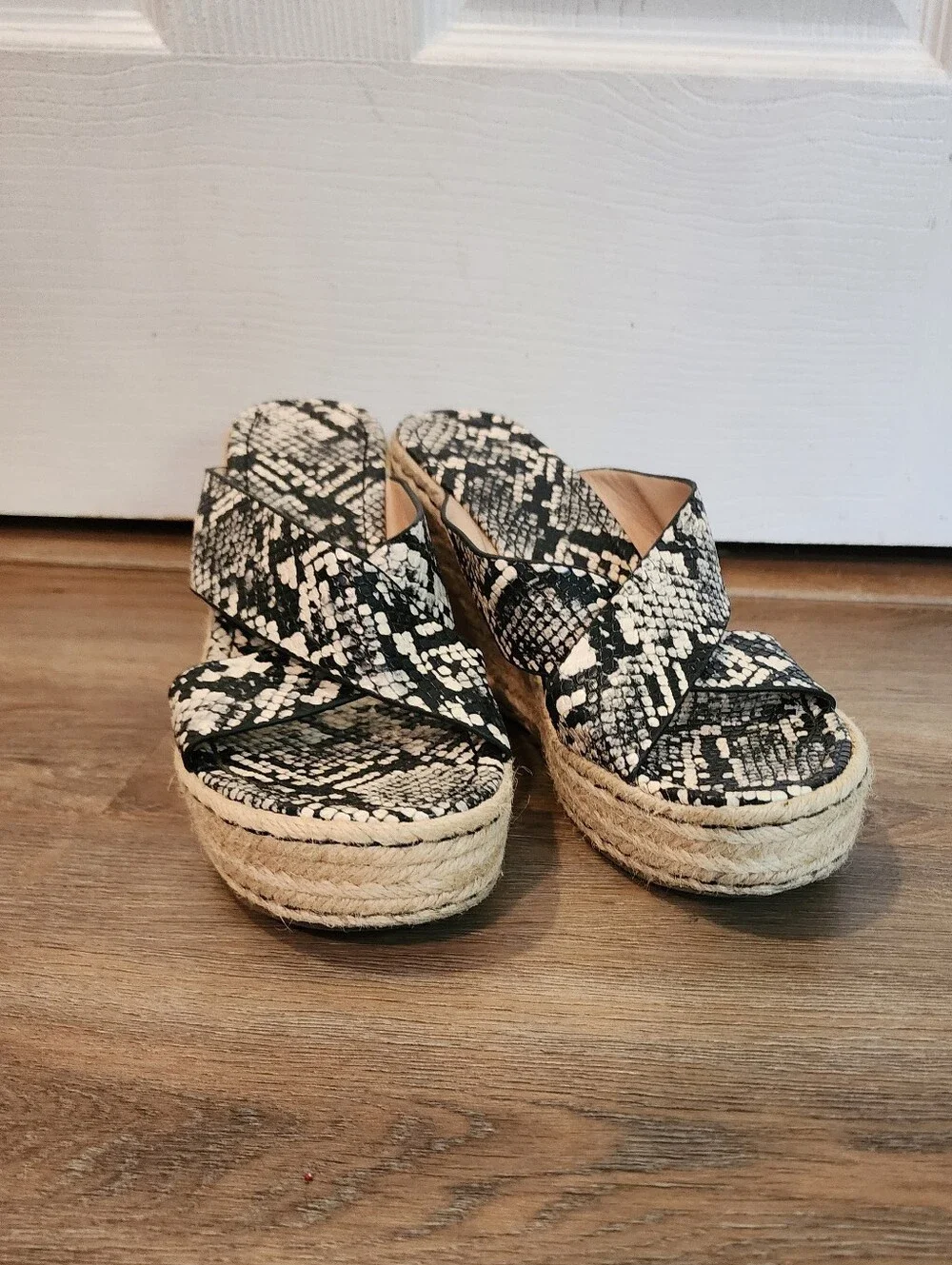 Women’s Black & White Snake-Print Espadrille Wedge Sandals